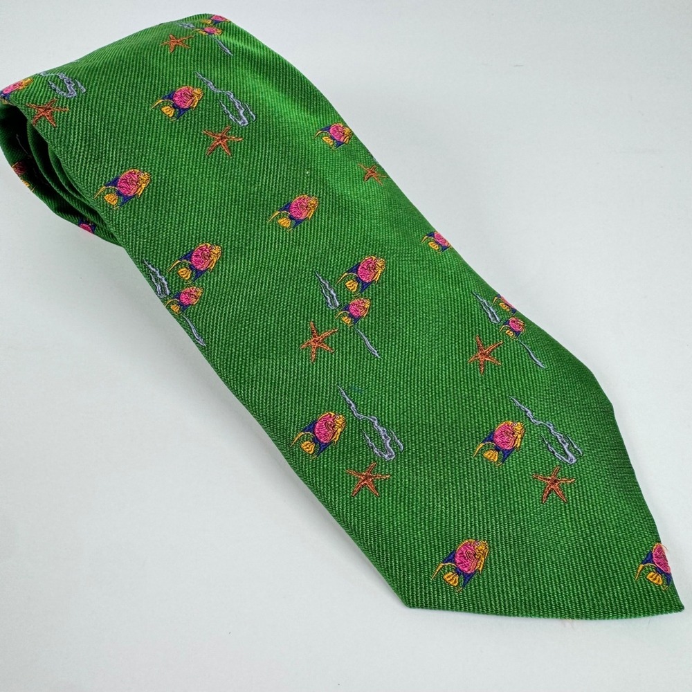 Polo Ralph‎ Lauren Green Silk Tropical Fish Starfish Tie Hand Made Italy Mens